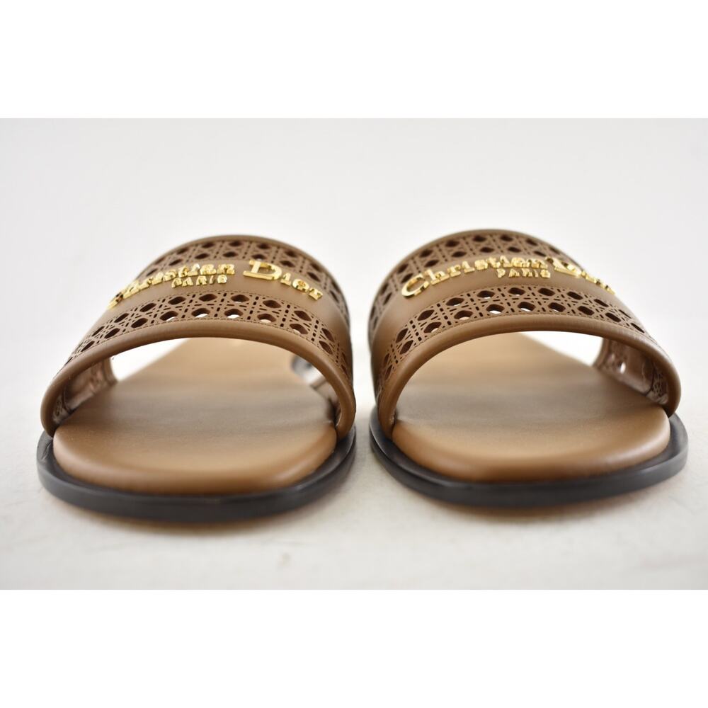 Dior D-Lane Dway Micro Cannage Chestnut Brown Leather Logo Slide Flat Sandal 37 - Picture 12 of 16
